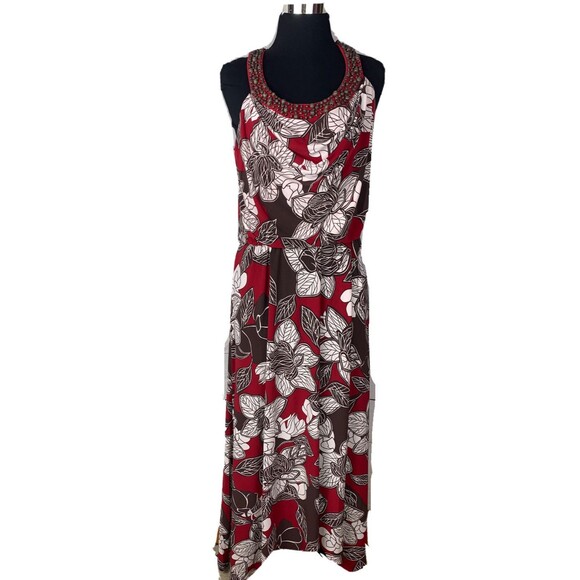 Jones New York Dress maxi Long 8 medium red brown floral blouson red wood Beads - Picture 2 of 12